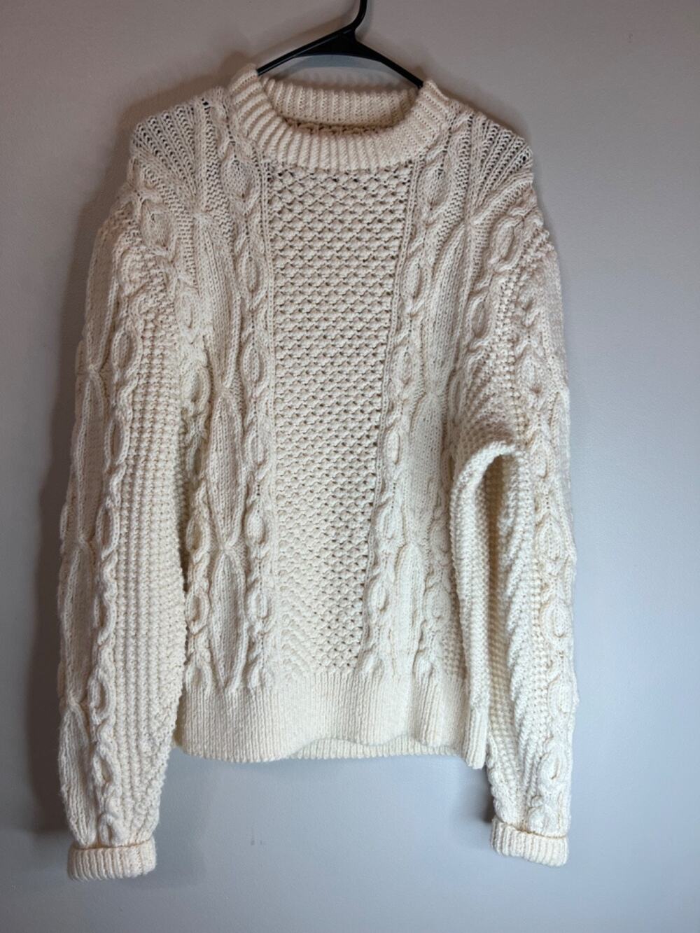 Vintage Handmade 90s Fisherman Cable Knit Wool Aran Sweater Mens size L XL Cream